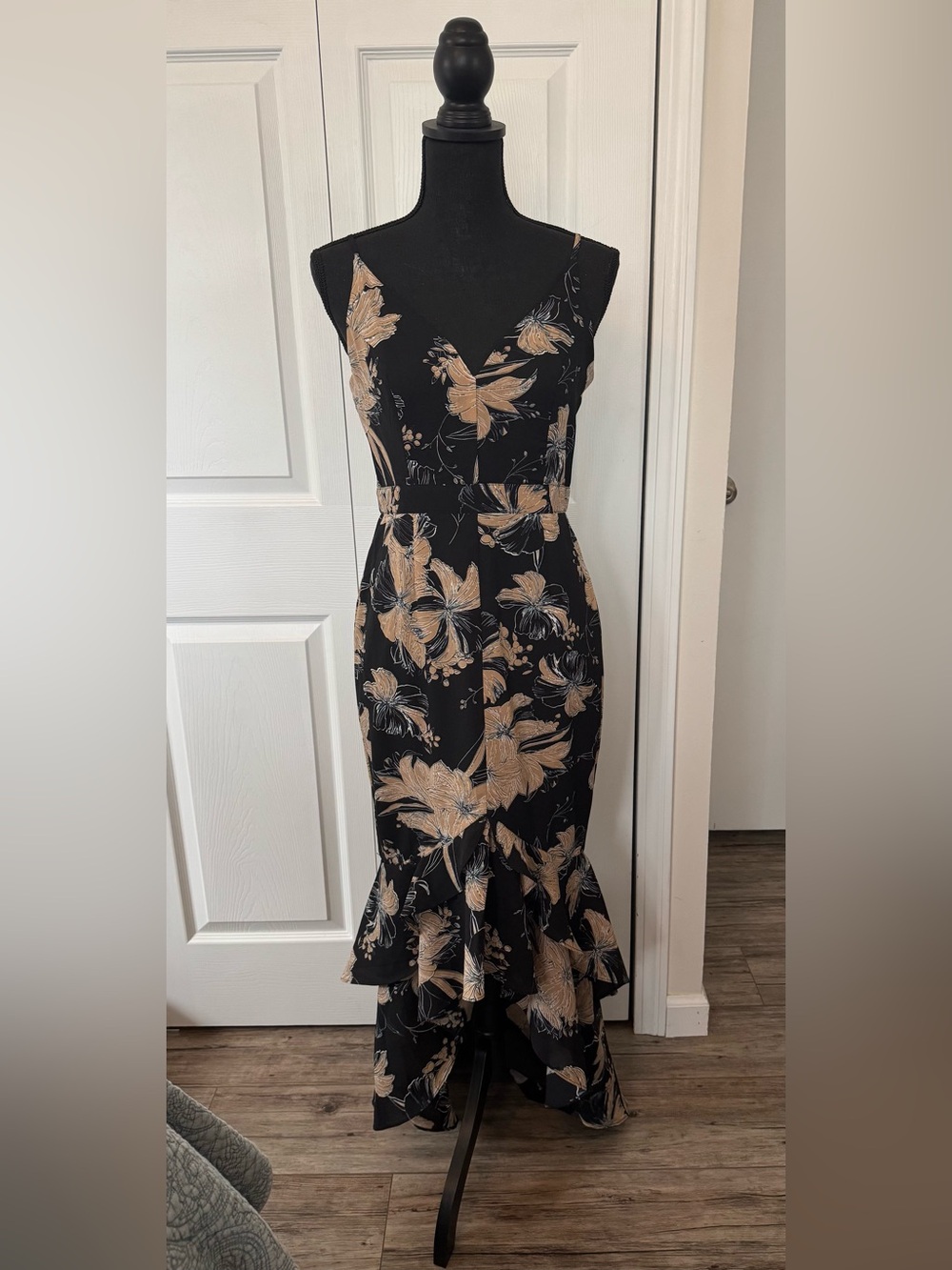 Lulu's Black Floral Ruffle-high low dress